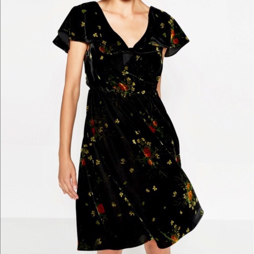 Zara Black Floral Velvet Dress with Red and Green Accents